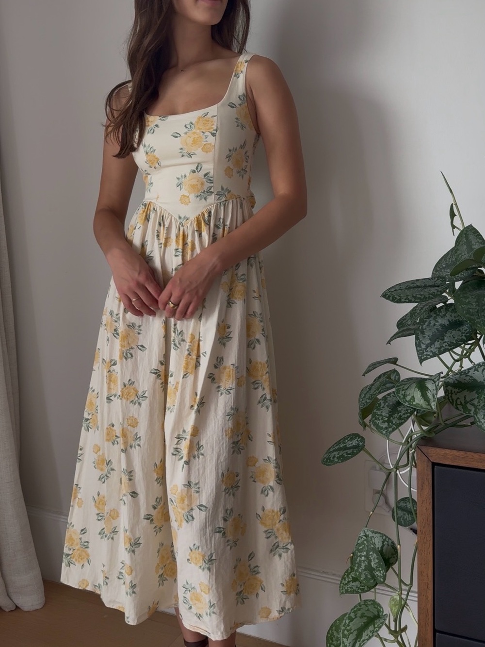 Cottagecore Yellow Floral Square Neck Tie-Back Midi Dress